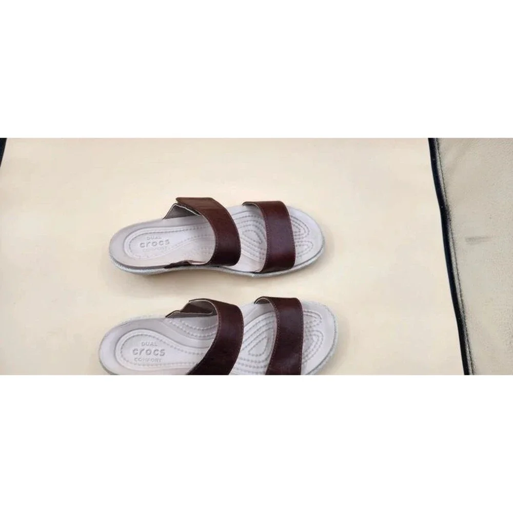 Crocs Womens 6M A-Leigh Brown Leather Tan Linen Wedge Heel Slide Sandals